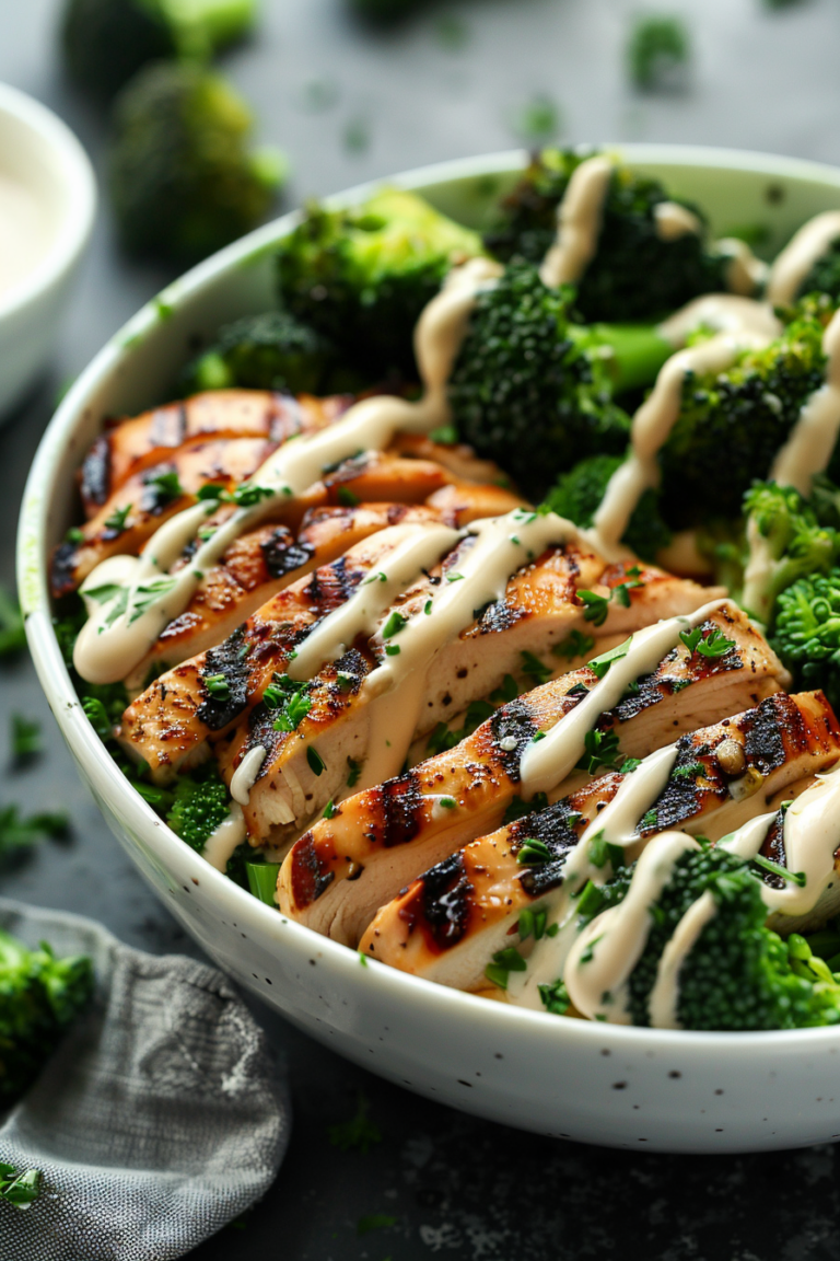 Grilled Chicken Broccoli Bowls with Creamy Garlic Sauce